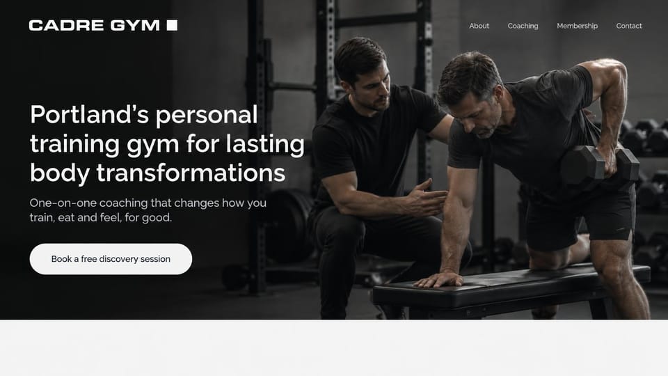 Personal trainer website design, private training gym with a discovery session: black page, a white headline, a white pill button for a discovery session, a trainer guiding a man through a one-arm dumbbell row on a bench