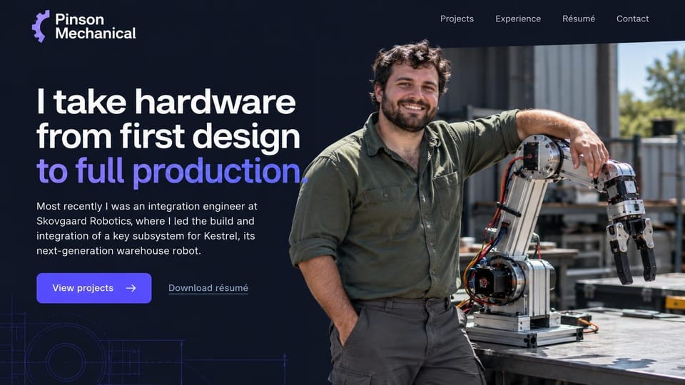 Engineering portfolio website design, hardware engineer from design to production: dark navy page, a white and violet headline, a violet button and a smiling engineer leaning on a robot arm outdoors