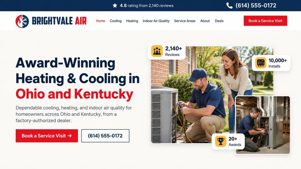HVAC website design, heating and cooling across two states: off-white page, a navy and red headline, a red button and photos of a technician at an AC unit with a homeowner and at a furnace, with small stat cards