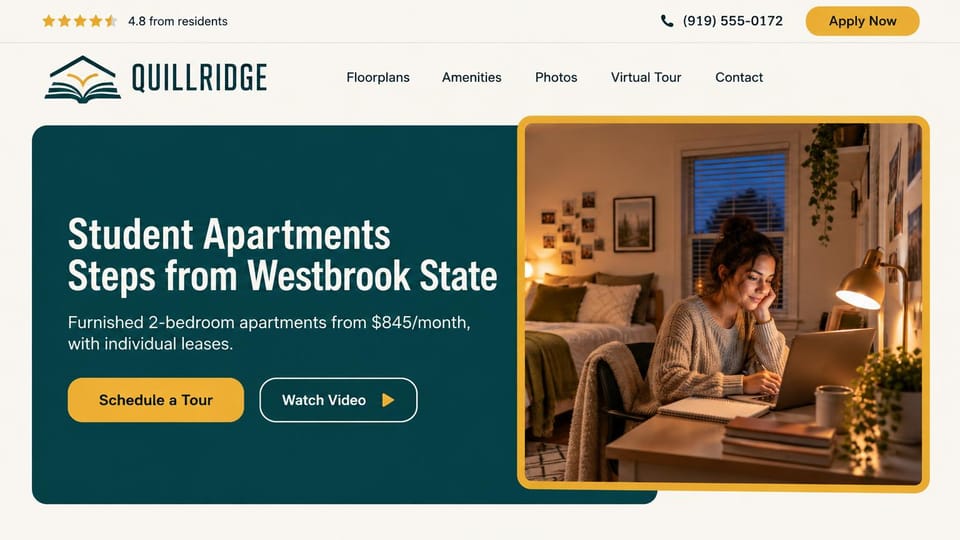 Apartment website design, student apartments with a study-night photo: cream page with a resident rating and gold apply button, a deep teal panel with a condensed white headline, a student studying by lamplight in a gold-framed photo