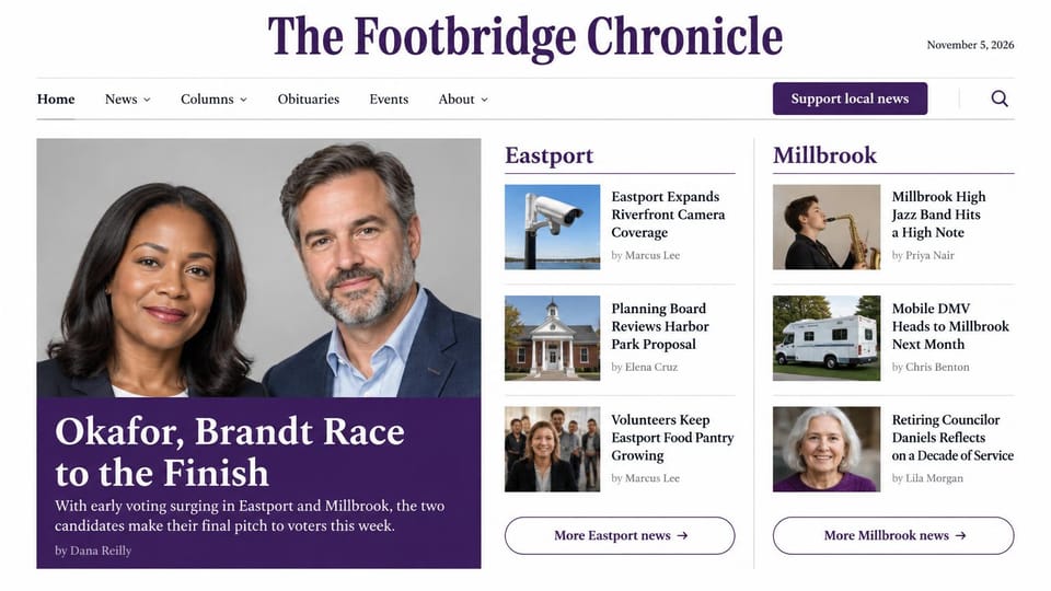 News and magazine website design, two-town weekly with a column for each town: white page, centered purple serif masthead with the date, a purple support button, two candidate portraits over a purple headline panel, two town columns of thumbnail stories with outlined buttons