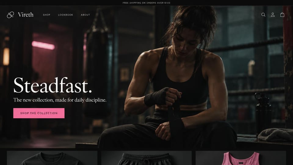 Fashion website design, training wear in a dark boxing gym: dark boxing gym, a woman in a black crop top wrapping her hands on a bench, a large white serif headline, a pink button and three dark product cards below