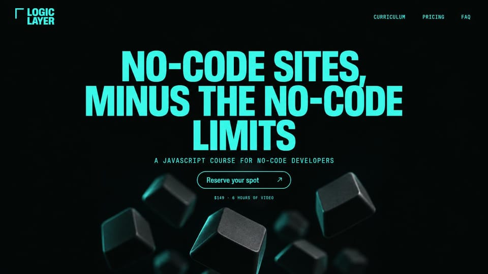 Landing page website design, coding course in neon on black: black page, huge neon teal condensed headline, dark floating cubes, outlined reserve button