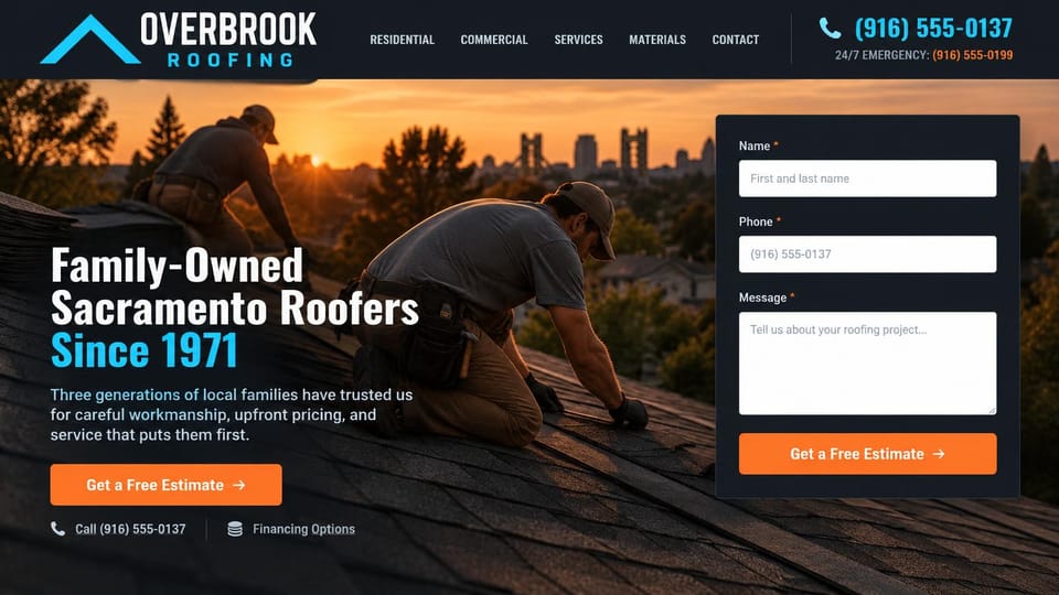 Roofing website design, family-owned roofer with a 24/7 emergency line: dark navy header with a large cyan phone number, a sunset photo of roofers on a shingled roof above a city, a condensed white and cyan headline, an orange estimate button, a dark form card