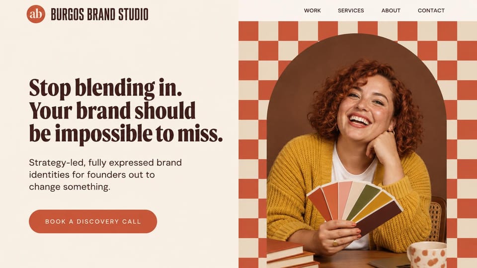 Graphic design portfolio website design, brand identity studio, bold and warm: cream and terracotta checkerboard, an arched portrait of a laughing woman fanning paint swatches, heavy dark red serif headline, red button