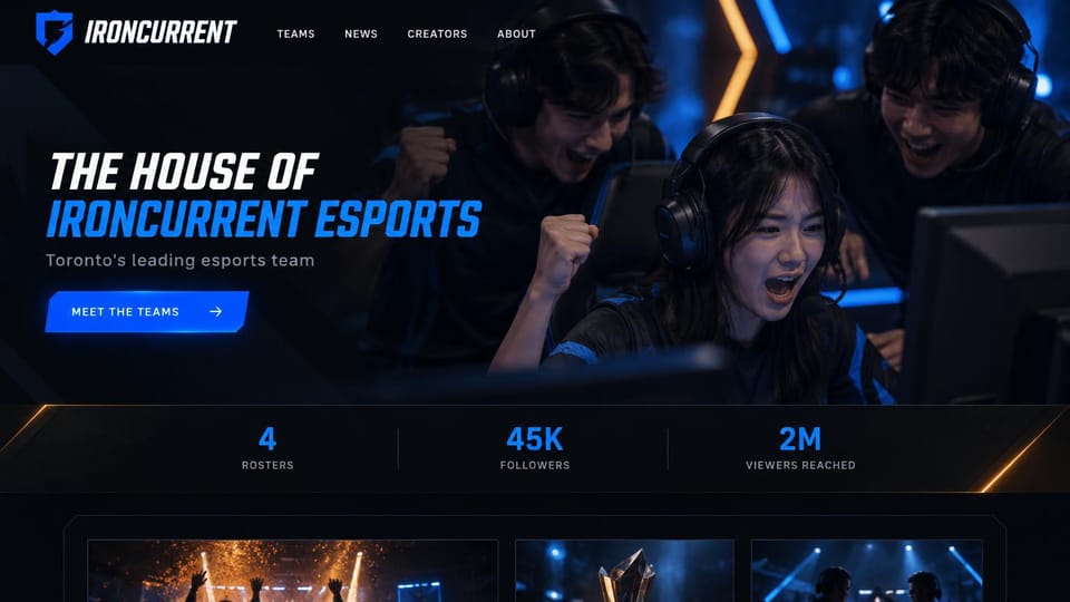 Gaming website design, esports team with players and fan stats: dark blue page with orange light streaks, italic white and blue headline, players in headsets cheering, a stats bar