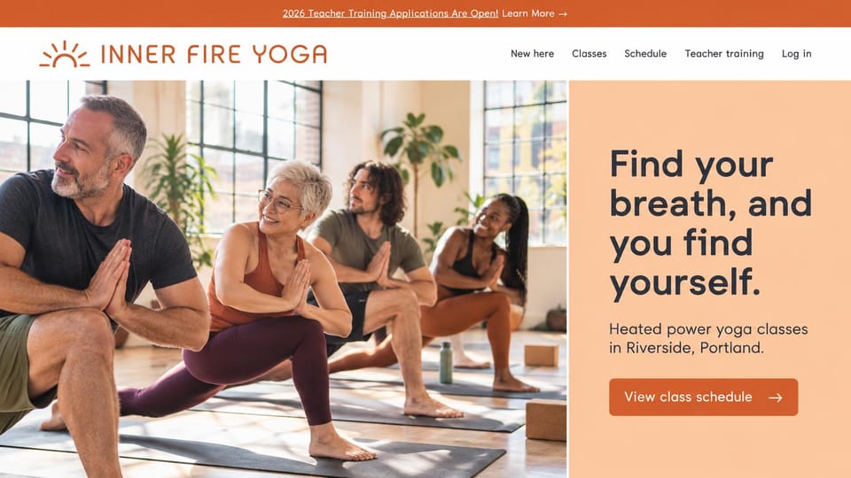 Fitness website design, power yoga in a warm peach split: peach and orange, a mixed-age yoga class in prayer pose beside a bold headline panel