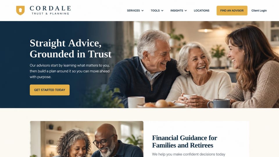 Financial advisor website design, advice for families and retirees with a find-an-advisor button: white header with a gold shield logo, a navy panel fading into a sunny kitchen photo of an older couple laughing with a woman advisor, a white serif headline and gold buttons
