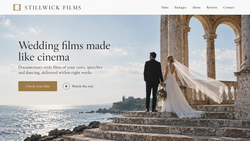 Videographer website design, documentary wedding films, bright and classic: white header with a gold film-frame logo, a bride and groom on sunlit stone steps under seaside arches, dark serif headline, gold date button and a reel link