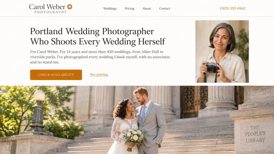 Wedding photographer website design, solo wedding photographer who shoots every wedding herself: white page, a dark serif headline and an amber button, a portrait of a smiling photographer holding a camera, a couple on library steps below