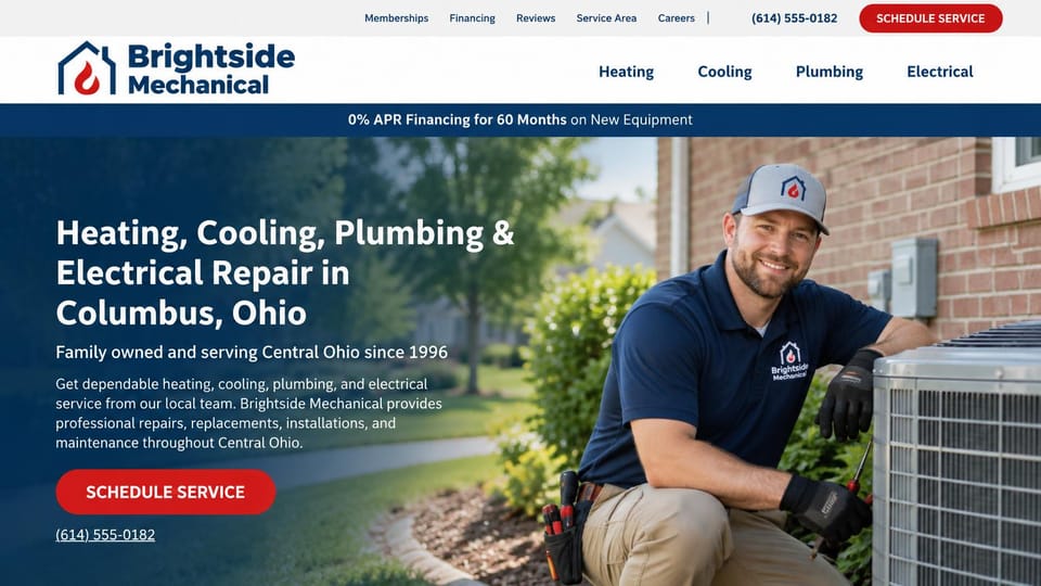 Contractor website design, four trades with financing in the banner: white header with a blue financing bar, a white headline over a smiling technician by an AC unit