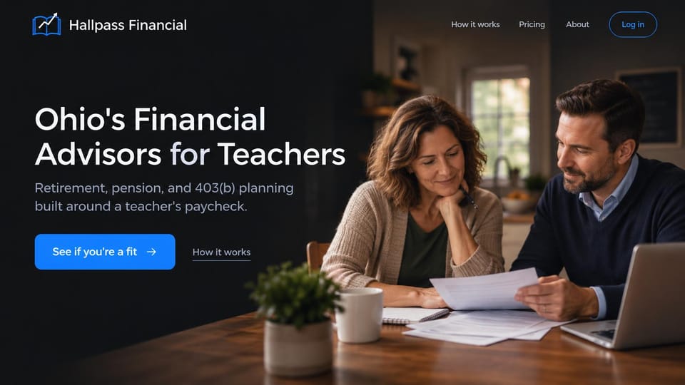 Financial advisor website design, pension and 403(b) planning for teachers: charcoal page, white sans serif headline, bright blue fit-check button and a photo of an advisor and a client reviewing papers at a kitchen table