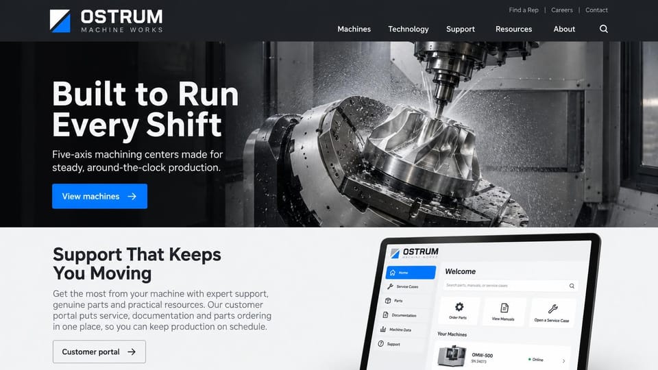 Manufacturing website design, machine tools with a customer portal: charcoal header, a grayscale photo of a five-axis spindle cutting an impeller, a blue button, then a light gray section with a tablet showing a portal