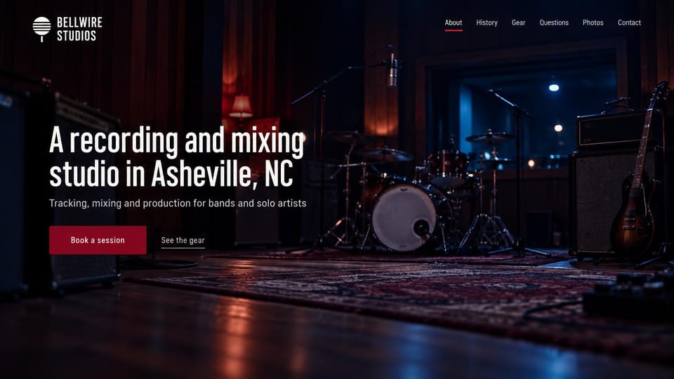 Recording studio website design, recording and mixing studio in a moody live room: dark live room lit red and blue with drums, amps and a patterned rug, a condensed white headline, a crimson session button and a gear link