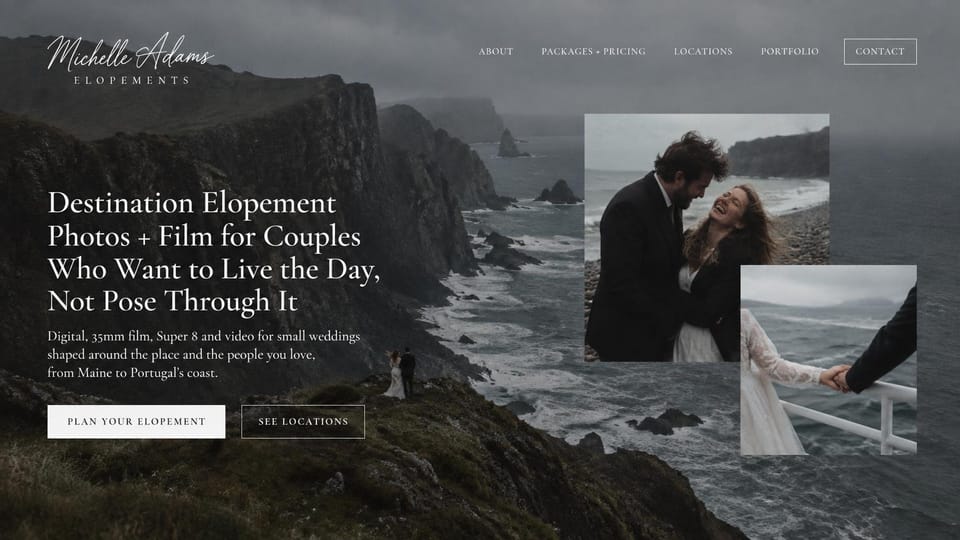 Wedding photographer website design, destination elopement photo and film on stormy cliffs: dark stormy sea cliffs with a tiny couple, white serif headline, two inset photos of a couple by the sea, a white button and an outlined one