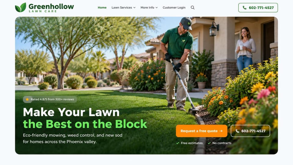 Landscaping website design, lawn care with a rounded hero photo: pale page, a rounded photo of a lawn worker edging a front yard, a white and bright green headline and an orange quote button