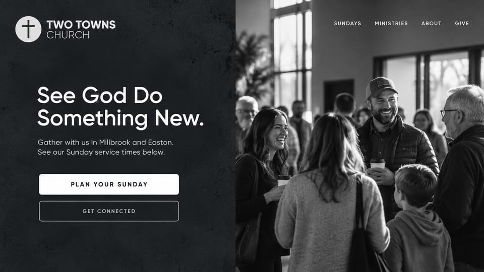 Church website design, two-location church in black and white: charcoal panel with a white headline and stacked buttons beside a black and white congregation photo