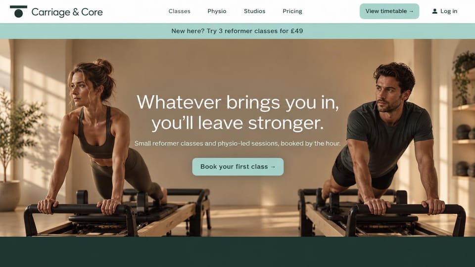 Fitness website design, pilates and physio under one roof: pale mint bar, two people on reformers in sunlight, a centered white headline