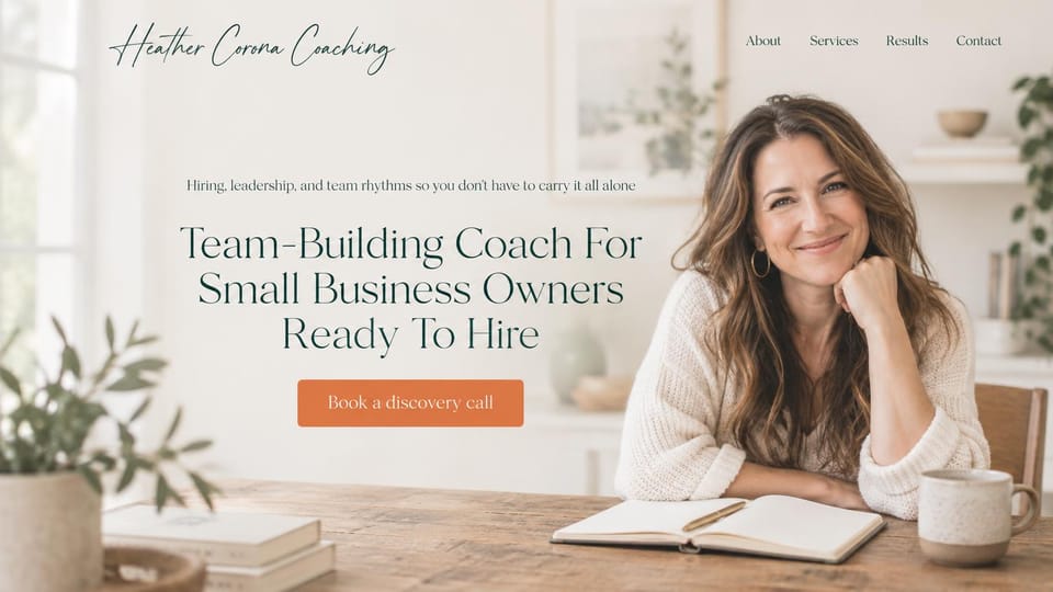 Coaching website design, team-building coach for small business owners: a coach at a sunny kitchen table, a script logo, a thin centered serif headline and an orange button