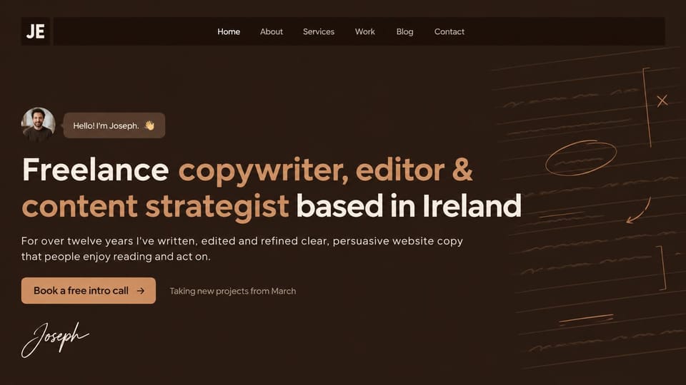 Resume website design, freelance copywriter with editing marks in the margin: dark brown page, a cream and copper headline, a copper book a free intro call button, a small round portrait, faint handwritten lines with copper editing marks and a signature