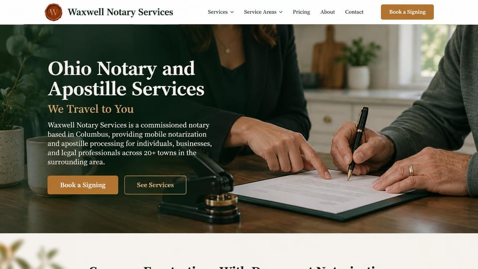 Notary website design, statewide notary and apostille in deep green: white menu with a copper booking button, a deep green overlay on a photo of a notary guiding a signer's pen beside an embosser, a white serif headline, a gold line, copper and outlined buttons