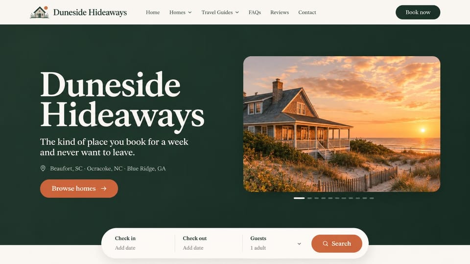 Hotel website design, rental company with homes in a few places: forest green hero with a large white serif name beside a beach house at sunset and a search bar