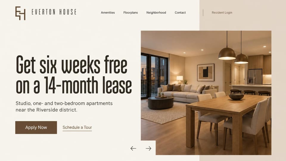 Apartment website design, apartments with a lease offer in tall condensed type: cream page with a taupe side band, a monogram and spaced wordmark, a tall condensed black headline, a brown apply button and a warm living and dining room with city lights
