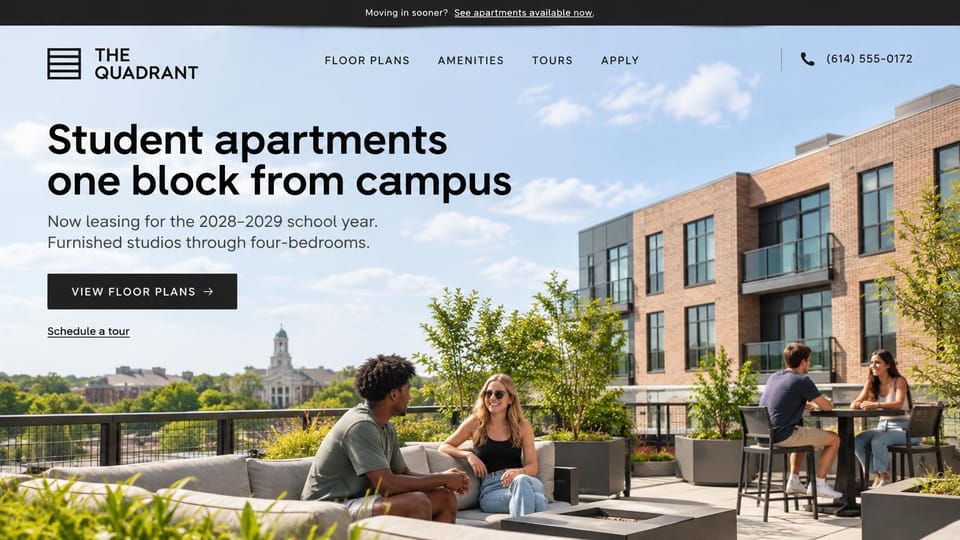 Apartment website design, student apartments with the campus in view: dark top bar, a bold black sans headline over the sky, students on a rooftop terrace with a brick building and a campus tower behind, a black floor plans button