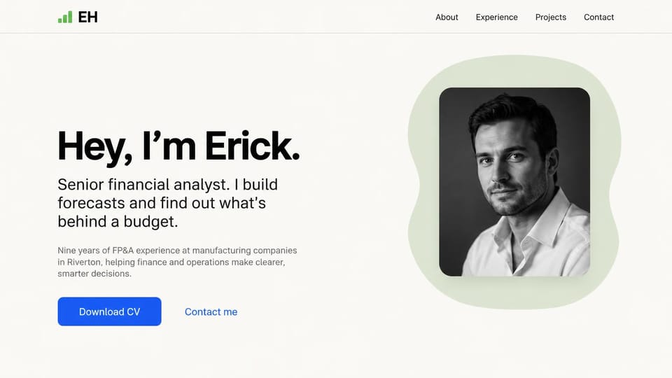 Resume website design, financial analyst with a first-name hello and a sage backdrop: warm white page, a large black hello, a blue download CV button and a black and white portrait of a man in a white shirt on a soft sage shape