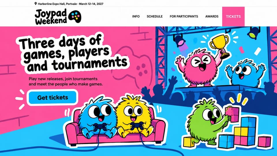 Event website design, gaming convention with fuzzy cartoon players: hot pink and bright blue cartoon of fuzzy monsters gaming on a couch, lifting a trophy on stage and stacking blocks, black hand-drawn headline with a white outline, blue ticket button