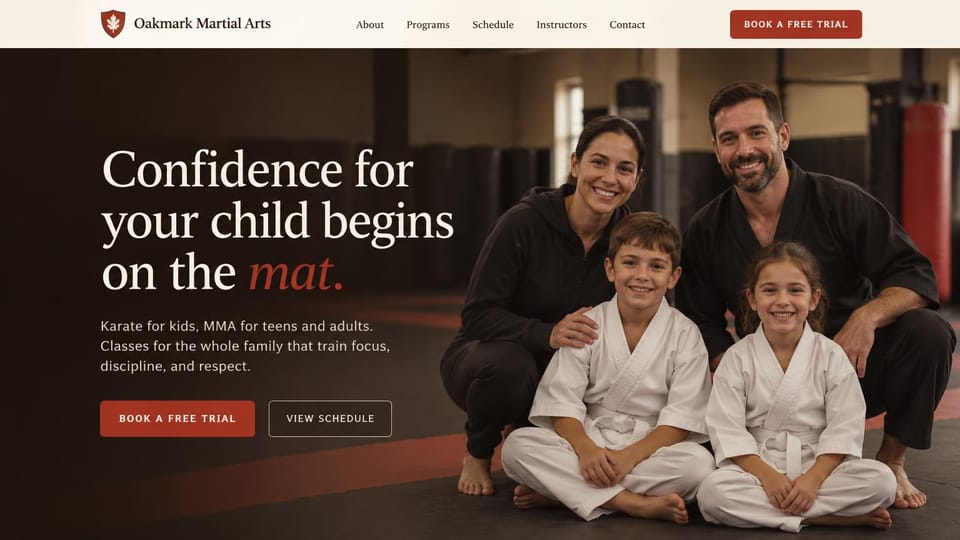 Martial arts website design, kids karate with the whole family on the mat: cream header, a deep brown hero with a serif headline and a rust italic word, parents and two children in gis sitting on the mat