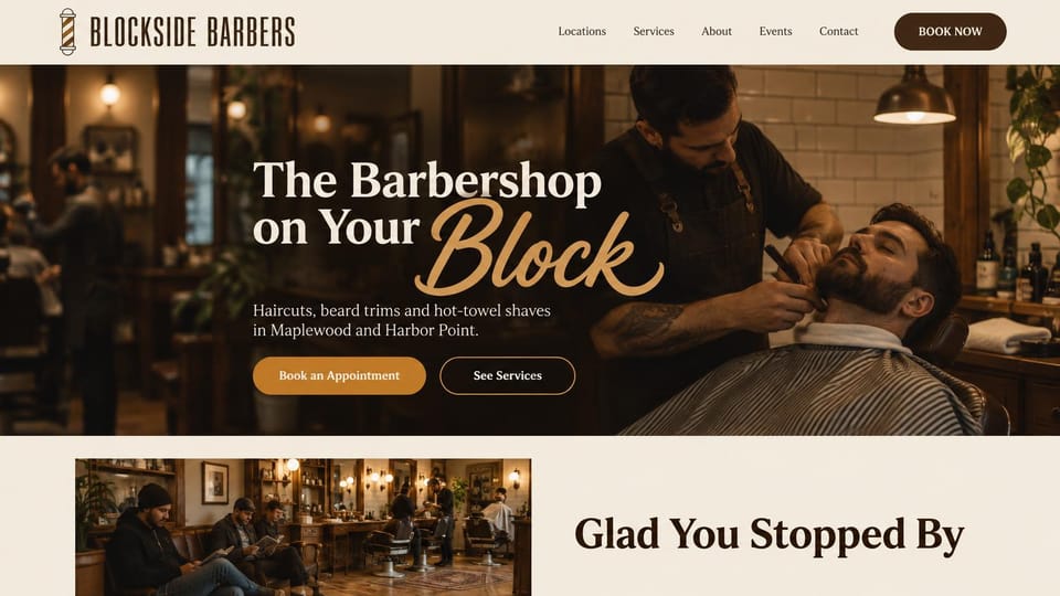 Barbershop website design, neighborhood barbers with a hand-lettered word: cream header with a barber pole logo, a dark warm photo of a barber shaping a client's beard, a cream serif headline with a gold script word