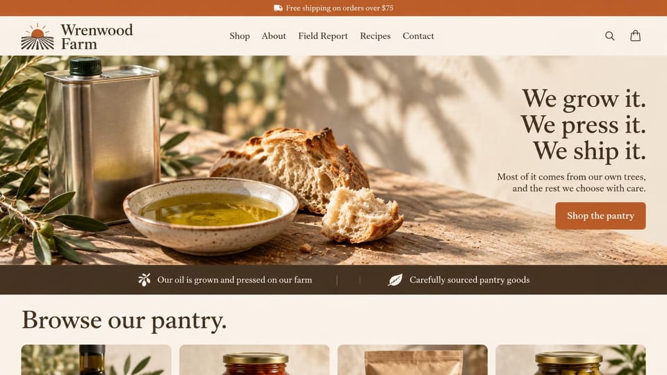 Farm website design, olive grove with a three-line promise: cream page, orange shipping bar, an olive oil tin, a bowl of oil and bread in sunlight, right-aligned serif headline, orange shop button