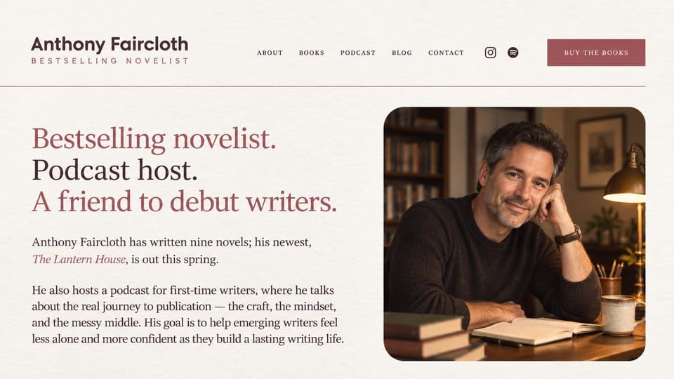 Author website design, novelist who also hosts a podcast: cream page, burgundy and charcoal serif lines and a framed portrait of a writer at his desk