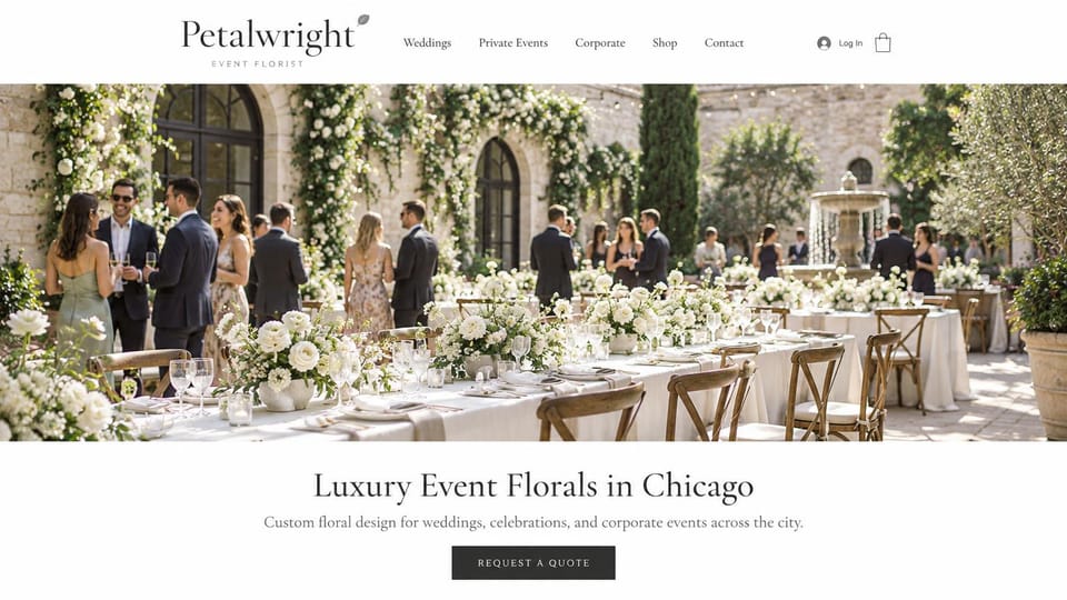 Florist website design, luxury event florist with a courtyard reception: white page, wide photo of a courtyard reception with a fountain and flower-covered tables, centered serif headline, black button