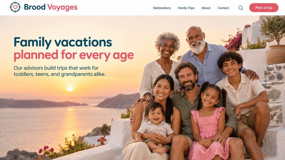 Travel agency website design, family vacation planner with a three-generation photo: white header with a coral plan a trip button, a three-generation family on a whitewashed terrace above the sea at sunset, teal and coral headline at left