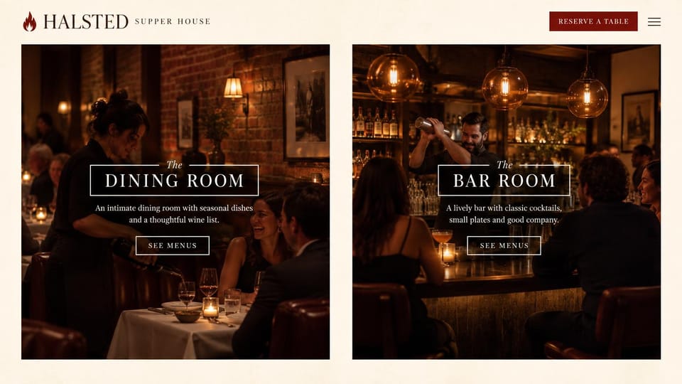 Restaurant website design, dining room and bar, side by side: cream frame around two dark photos, a candlelit dining room and a busy bar, each with a menu button