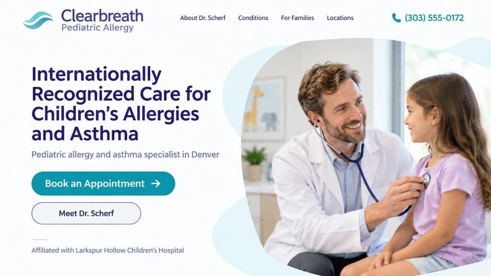 Medical practice website design, pediatric allergy and asthma specialist: white page, a deep purple headline, teal book button and outlined doctor button beside a doctor listening to a girl's chest in a rounded photo