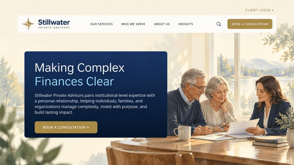 Financial advisor website design, wealth advice in soft watercolor: pale watercolor of an advisor with an older couple by a lake window, navy panel with a white headline and a gold button