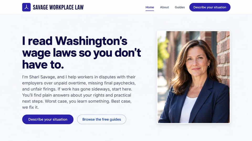 Law firm website design, employment law in the lawyer's own voice: white and pale blue, a bold first-person headline and a framed attorney portrait