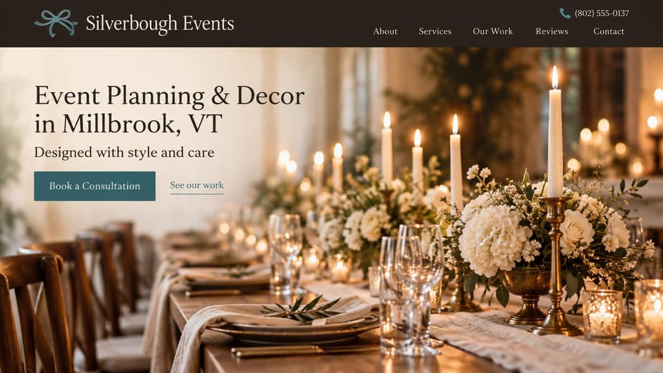 Event planner website design, event planning and decor with a candlelit tablescape: dark brown header, a candlelit long table with white flowers, a dark serif headline and a teal consultation button