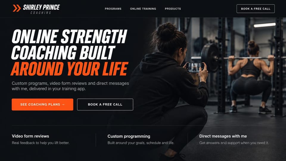 Personal trainer website design, online strength coaching with video form reviews: black page, a bold italic white and orange headline, a woman in a hoodie filming another woman's barbell squat on her phone, an orange button and an outlined one, three benefit columns