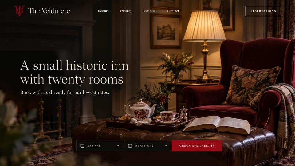 Bed and breakfast website design, small historic inn by the fire, dark: dark parlor with a red velvet wingback chair, lamp and tea tray, ivory serif headline and a red date bar