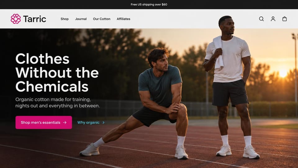 Fashion website design, organic men's activewear on a running track: sunset running track, two men stretching and standing in tees and black shorts, a white headline, a magenta button and a cyan button