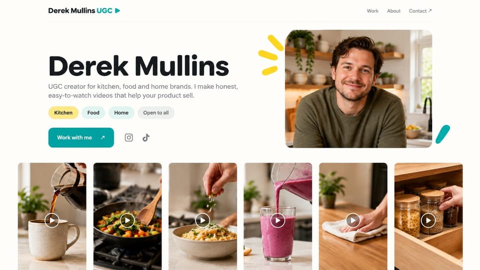 UGC portfolio website design, food and home UGC with a row of clips: white page, heavy black name, teal button and pill tags, a man in a kitchen, six video thumbnails of food and home tasks