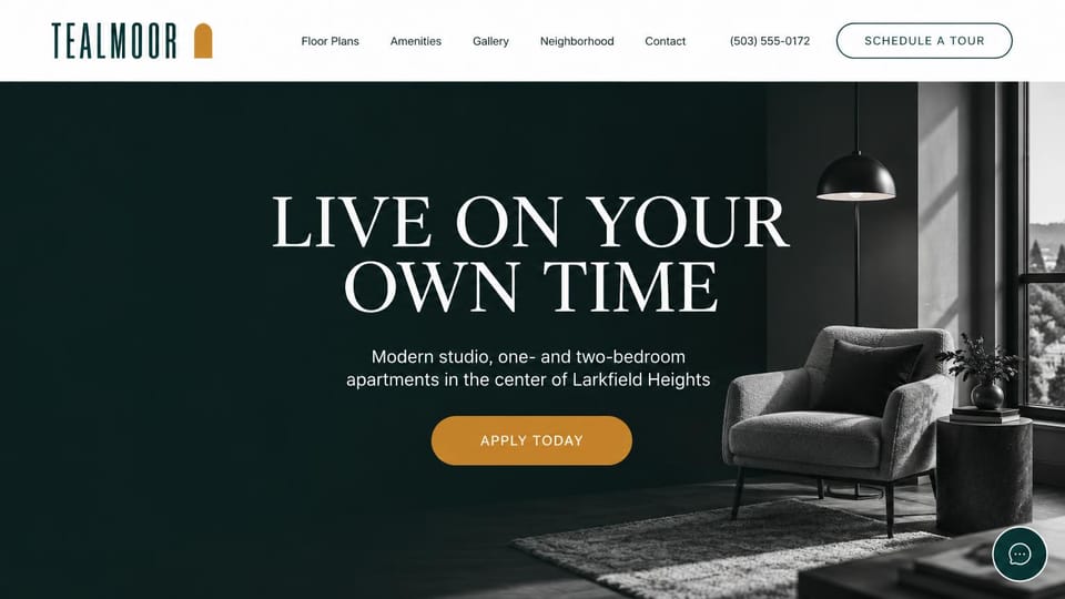 Apartment website design, city apartments in deep green with a gold apply button: white header with a condensed teal wordmark and a gold arch, a deep green hero with a white serif headline, a gold apply button and a black and white armchair by a window
