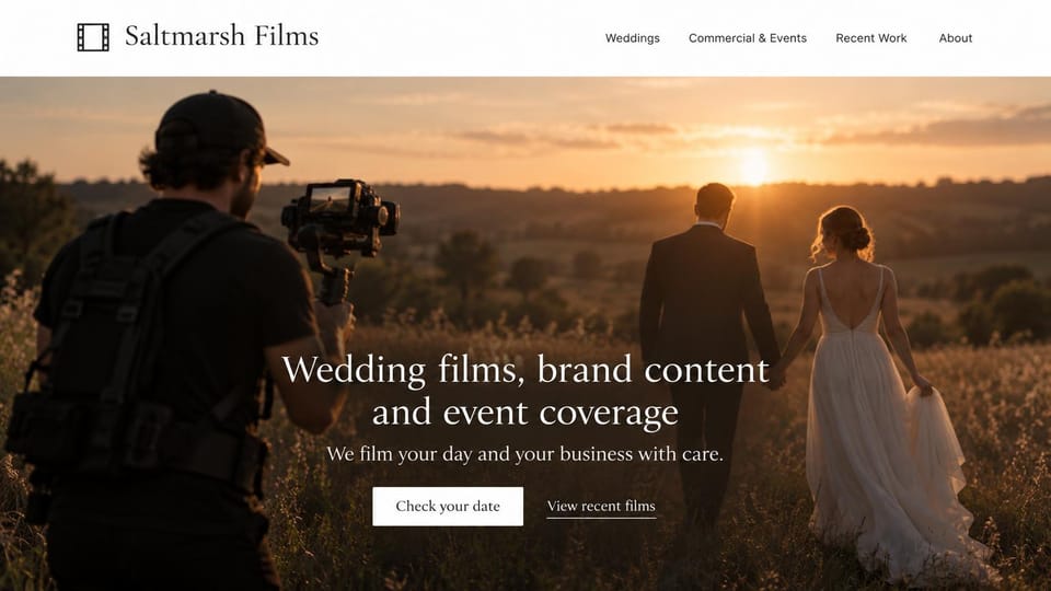 Videographer website design, weddings and business films, camera in shot: white header with a serif wordmark, a videographer with a gimbal filming a couple walking through a field at sunset, centered white serif headline, two buttons