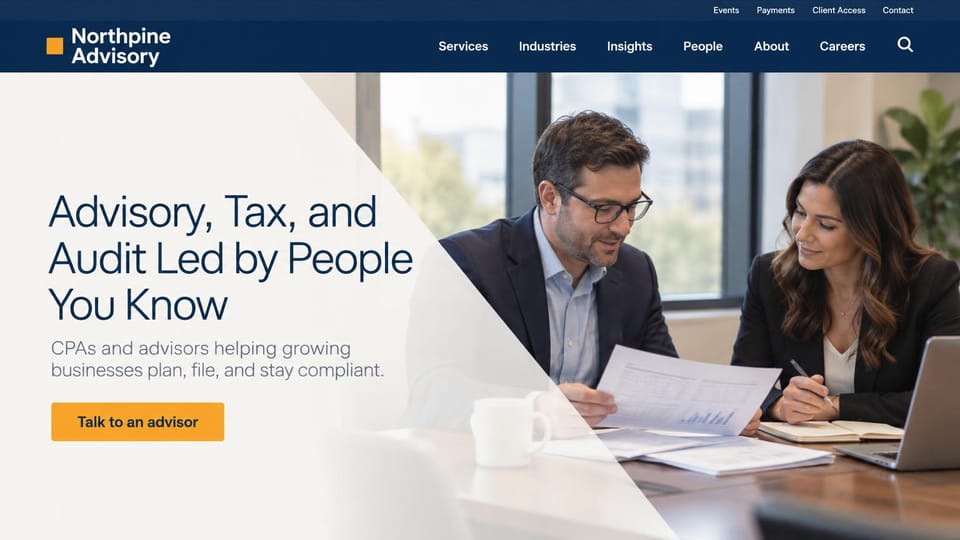 Accounting website design, advisory, tax and audit with an angled photo: navy header with an orange square logo, a white angled panel with a navy headline over a meeting photo, an orange button