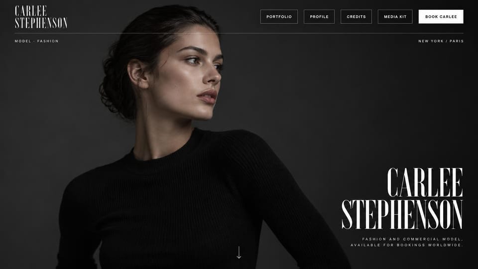 Model portfolio website design, fashion model with a tall condensed name: near-black studio portrait of a dark-haired woman in a black knit, tall white condensed capitals at lower right, boxed menu buttons