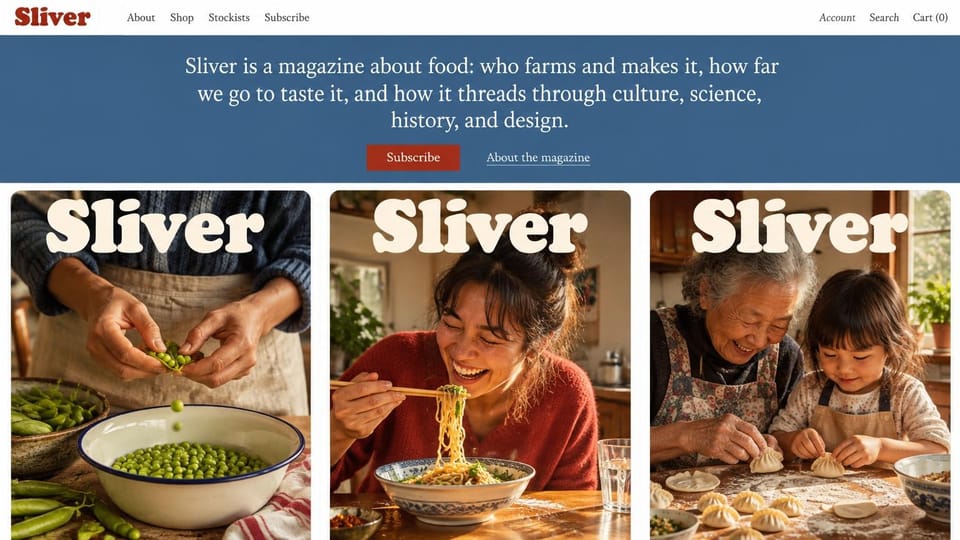 News and magazine website design, food magazine with a mission banner and cover row: white header with a red serif wordmark, slate blue band with a centered serif mission and red subscribe button, three magazine covers of shelling peas, a woman eating noodles and a grandmother and child folding dumplings